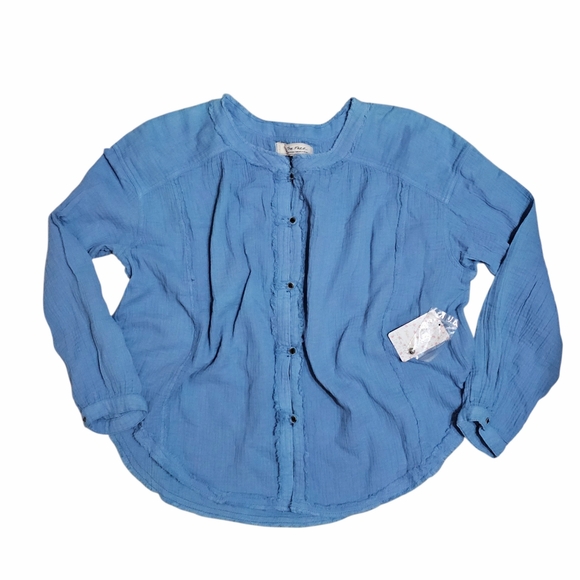Free People Tops - FREE PEOPLE We The Free Moving Mountains Frayed Round Neck Top Blue Womens Small